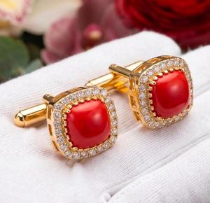 Boutons de manchette en platine avec agate rouge taille coussin, halo de cristaux, pour mariage, Noël, fête, bijoux de luxe pour homme, accessoire cadeau formel - Product Image 2