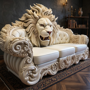 Luxury European Vintage Lion Carved Genuine Leather L-Shaped Sectional <b>Sofa</b> Handcrafted Teak <b>Wood</b> <b>Frame</b> Deep Tufted Bac Padded - Product Image 1