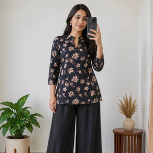 Ensemble coordonné tendance en rayonne pour femme – Haut à imprimé floral numérique avec pantalon palazzo - Product Image 1