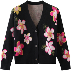 Cardigan à imprimé floral pour femmes, col en V, manches longues, haut décontracté, épaisseur standard, longueur normale, manches longues, fabriqué au Pakistan - Product Image 1