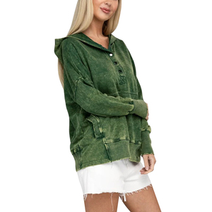 Sudadera con Capucha Extra Grande para Mujer, Color Verde Sólido, de Algodón, Manga Larga, Cuello con Botones, Bolsillos, Transpirable, Tejida, Ecológica, Estilo Invernal - Product Image 4