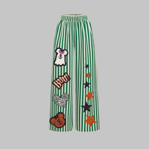 Wholesale Custom Green Striped Autumn Fashionable Loose Casual Trousers Sequin Embroidery Design Wide Leg <b>Pants</b> for Women's Wear - Product Image 1