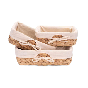 Vintage Set <b>3</b> Water Hyacinth Woven Eco-Friendly <b>Storage</b> Baskets Removable Linen Fabric Liner Natural Rustic American Living Room - Product Image 1