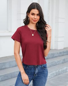 T-shirt décontracté pour femme, col rond, manches courtes, coupe classique, tricoté, couleur unie, bordeaux, toutes saisons - Product Image 5