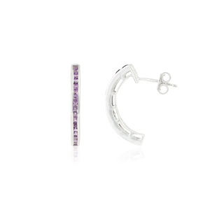 Magnifiques boucles d'oreilles créoles en forme de C serties de pierres d'améthyste 100 % authentiques, taille princesse, pierre de naissance de février, pour femmes - Product Image 3