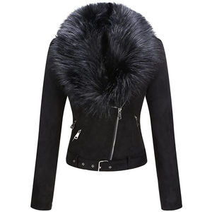 Wholesale Womens Pink <b>Suede</b> <b>Jacket</b> Faux Fur Collar Belted <b>Biker</b> Coat Zip Up Moto <b>Jacket</b> Fashion Winter Outerwear OEM Manufacture - Product Image 4