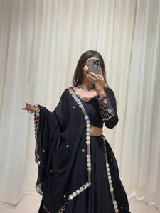 Black Traditional Indian Pakistani Women's Lehenga Set Floor-Length Cotton Wedding Wear Loose Fit All Seasons - Product Image 5