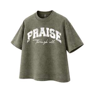 Camiseta Verde Oliva de Alta Calidad con Estampado 'Praise Through All' - Estilo Urbano Retro, Gráfico de Primera Calidad, Talla Grande para Hombre, Personalizable - Product Image 2