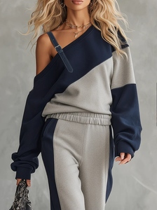 Conjunto de Sudadera de un Hombro con Bloques de Color y Pantalones Anchos para Mujer - Product Image 3
