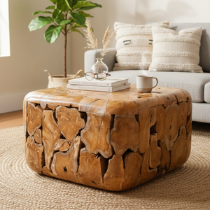 Living Room Furniture Combining Natural Wood Texture Premium Luxury Handcrafted Rustic Teak Root <b>Cube</b> Coffee <b>Table</b> Eco ARTERRA - Product Image 3