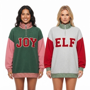 Women's Red Knitted Printed Fleece Sweatshirt with <b>NY</b> Applique Logo Plaid Trim Mock Neck Casual Spring Winter Wear - Product Image 3