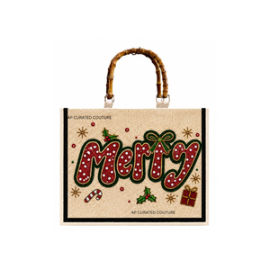 Sac fourre-tout en toile brodé Joyeux Noël avec poignées en bambou, style vintage, sac de shopping, design de Noël d'hiver - Product Image 4