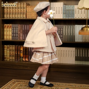 ODM Wholesale Casual Style Baby Girl Smocked Clothing Beige <b>Cape</b> Coat with Plaid Pleated Skirt Set DR4276 Print Pattern - Product Image 1