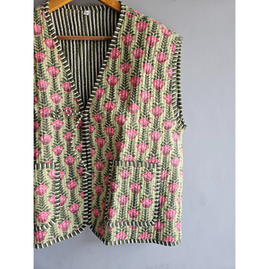 Gilet matelassé en coton pour femme, imprimé floral, réversible, respirant, tissé, pour l'automne et l'hiver, cadeau pour elle - Product Image 3