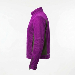 Chaqueta de Motociclista para Hombre de Lona Vaquera Lavada Morada con Cremallera Descentrada, Estilo Urbano Táctico, Abrigo Exterior Personalizado para Motociclista - Product Image 4