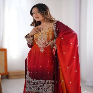 Conjunto VASTRA COTTAGE de Top de Seda Chinon y Pantalón Plazo con Lentejuelas Codificadas, Completamente Cosido, con Dupatta a Juego, Vestido Elegante para Fiestas - Product Image 2