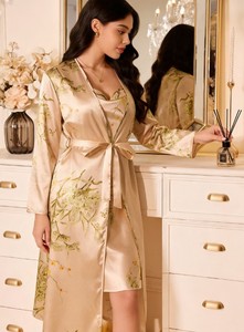 Conjunto de Bata y Camisón de Seda con Estampado Floral para Mujer, Manga Larga, Sin Tirantes, Dos Piezas, Elegante Ropa de Dormir, Largo Completo, para Primavera - Product Image 6