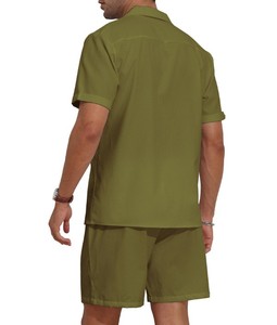 Ensemble chemise et short pour homme, vert olive, manches courtes, couleur unie, tenue décontractée d'été, col rabattu, tissu en coton respirant - Product Image 6