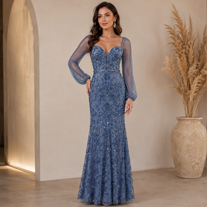 Womens Dusty Blue <b>Sequin</b> Embroidered Modern Draped Maxi Dress Sheer Long Sleeve Elegant Evening Wedding Formal Prom Party Gown - Product Image 4