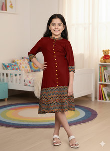 Ropa Étnica de Verano para Niñas al por Mayor, de Rayón, con Estampado de Zig Zag, Color Granate, Cuello Mandarín, Manga Tres Cuartos, de Secado Rápido - Product Image 3