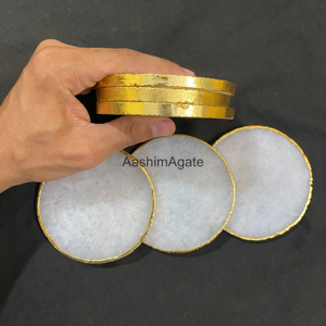 Natural White Quartz <b>Coasters</b> with Golden Edge Polished Stone Drink <b>Coasters</b> Luxury Home Décor Wholesale - Product Image 4