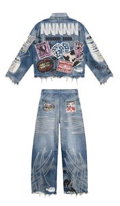 Conjunto de Chaqueta y Pantalones de Chándal Unisex de Mezclilla Vintage Personalizado, Ajuste Delgado, Ligero, con Capucha, Jeans Sólidos, Logotipo Bordado, Efecto Desgastado y Decolorado por el Sol - Product Image 4