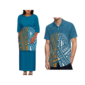 Conjunto a juego Puletasi Samoano de talla grande personalizado: Vestido largo para mujer y camisa de manga corta para hombre con estampado floral, ropa casual de verano - Product Image 4