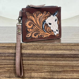 New Bulk Manufacturer 2026 Tooled Genuine Leather Card Holder <b>Zip</b> <b>Wallet</b> With Bull Skull Design Stylish ATM Card Holder Clutch - Product Image 3
