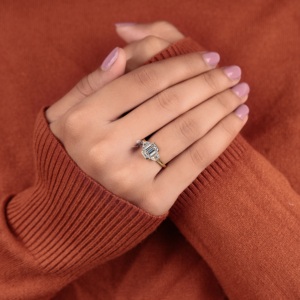 Emerald Cut Lab Grown Diamond Engagement Ring Tapered Baguette Side Stones Bezel Set Three Stone Ring 14K 18K Gold <b>Bridal</b> Ring - Product Image 5