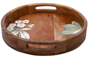 Plateau rond en bois avec motif imprimé de fleurs Plateau de service en bois fait main avec poignée Plateau de cuisine décoratif en bois massif - Product Image 2