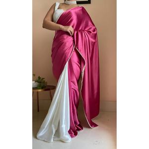 PARTY WEAR JAPAN SATIN MOTI LACE WORK LISTO PARA USAR SAREE CON BLUSA DESCOSTADA RANI - Product Image 1