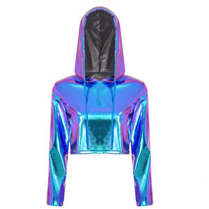 Haut court à capuche pour femme, à manches longues, avec cordon de serrage, à sequins et empiècements métalliques sur le devant, écologique, pour festivals de musique, soirées rave et scène - Product Image 2