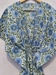 Blue Floral Cotton Kimono <b>Dress</b> Women <b>Summer</b> Beach Kaftan Robe <b>Boho</b> Lounge Wear Loose Fit Casual Vacation Outfit - Product Image 3