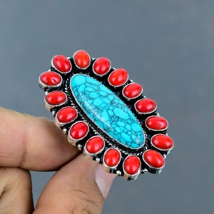 Wholesale Handmade 925 Sterling Silver Blue Turquoise and Red Coral Cluster <b>Ring</b> Opaque Gemstone <b>Statement</b> <b>Rings</b> For Women Bulk - Product Image 3