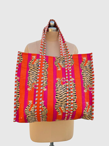 Bohemian Cotton Tote Bag With <b>Tiger</b> <b>Print</b> Striped Pattern Open <b>Top</b> Design For Shopping All Seasons - Product Image 1