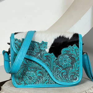 High Quality Handcrafted Cowhide Genuine Leather <b>Women</b> Crossbody <b>Messenger</b> <b>Bags</b> Luxury Floral Design Turquoise Handbags Purse - Product Image 2