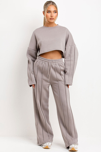 Women Gray 2 Piece <b>Tracksuit</b> Set Crop Top With Full Length Sweatpants Solid Color Casual Loose Fit Drawstring Waist Joggers - Product Image 2