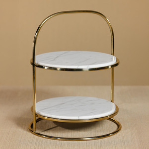 Luxurious Two-Tier <b>Cake</b> <b>Stand</b> Featuring White <b>Marble</b> Round Trays Sleek Gold Metal Frame And An Arching Handle, For Serving - Product Image 1