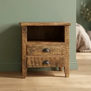 Mesa de Noche Rústica de Madera Maciza con 2 Cajones, Estante Abierto y Gabinete de Almacenamiento para Sala de Estar o Dormitorio, Mueble Ecológico Hecho a Mano - Product Image 6