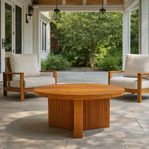 Table à manger ronde en teck moderne, 3 pieds, qualité supérieure, base en bois massif à lattes, finition naturelle, salle à manger, hôtel, villa, vente en gros - Product Image 5