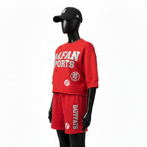 Conjunto de Sudadera y Pantalones Cortos de Felpa de Algodón y Poliéster de Alta Calidad 100% Algodón para Mujer, Color Rojo Liso, Logotipo Chenille Personalizado - Product Image 4