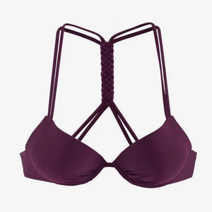 Conjunto de bikini de dos piezas color ciruela para mujer, top cruzado con cuello halter y efecto push-up, braga con lazo lateral, traje de baño de spandex y poliéster - Product Image 3
