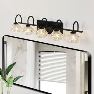 Lampada da bagno a 5 luci retrò con finitura nera con tonalità di cristallo da parete per illuminazione da bagno in polvere - Product Image 2
