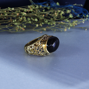 <b>Gold</b> Plated Brass Filigree <b>Ring</b> with Oval Black Onyx Gemstone - Product Image 4