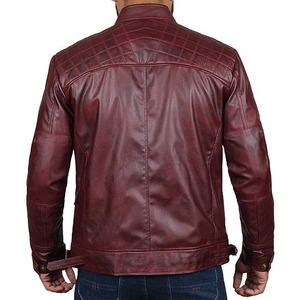 Chaqueta de Motero para Hombre en Cuero Genuino Color Borgoña, Cuello Alto, Cierre de Cremallera, Corte Ajustado, Estilo Moto, para Otoño, Impermeable y Transpirable - Product Image 6