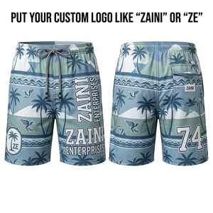 Shorts de Baño para Hombre de Poliéster Peach Skin Premium de 140 GSM, Color Azul Salvia, Estampado Tropical, Sublimación Personalizada, Bordado, Serigrafía, DTF - Product Image 1