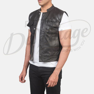 Chaleco de Cuero Genuino Negro Personalizado para Hombre, Corte Ajustado, Sin Cuello, con Botones a Presión y Bolsillos Dobles en el Pecho - Product Image 4