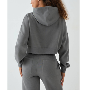 Wholesale Cloth Loose Fit Crop Jogging Sweatsuit Polyester Fleece Hip Hop Straight Leg Pants Yoga Gym Fitness Exercise 2PCS <b>Set</b> - Product Image 6