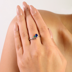 925 Sterling <b>Silver</b> Rhodium Plated Oval Sapphire & <b>Emerald</b> Two Stone Wedding <b>Ring</b> Luxury Handmade Fine Wholesale Jewelry - Product Image 2