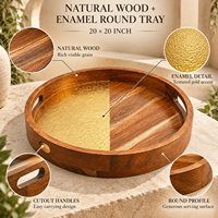 Plateau de service rond en bois naturel émaillé |   Plateau de table décoratif à accents dorés avec poignées découpées, ensemble de service pour la maison et la cuisine, idéal comme cadeau